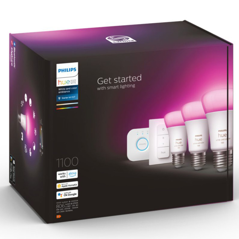 Philips Hue viedās spuldzes E27 3 x800lm 75W, 3 gab. + Hue Bridge + slēdzis