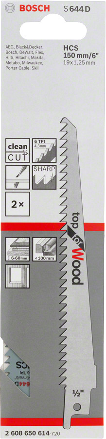 2 zobenzāģa asmeņi S 644 D, Zobenzāģiem ZOBENZĀĢA ASMENS S 644 D TOP FOR WOOD, 2608650614, BOSCH