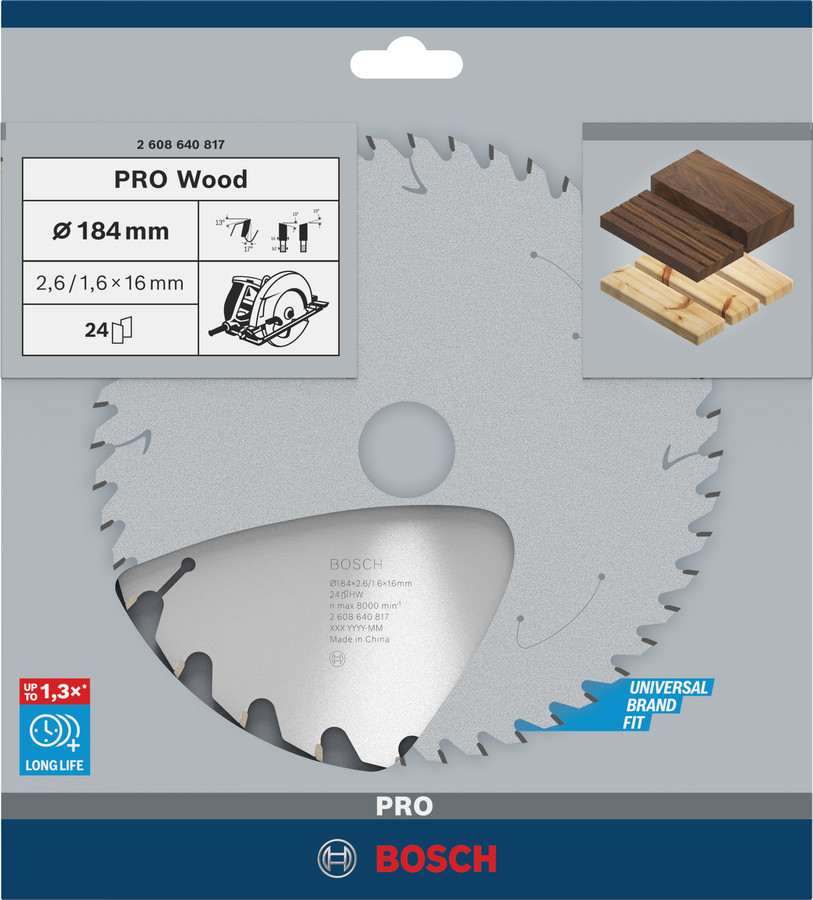 Ripzāģa disks 184x16 mm Optiline Wood, Rokas ripzāģiem PRO WOOD RIPZĀĢA ASMENS, 2608640817, BOSCH