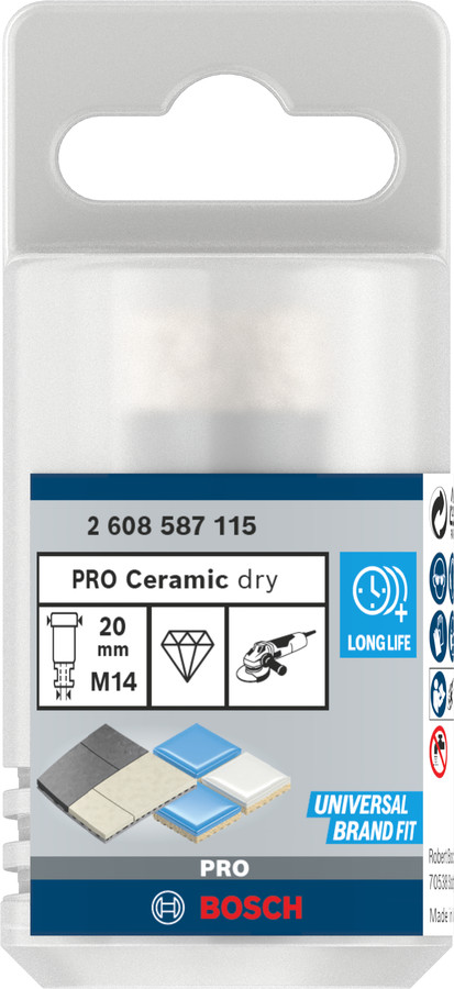 Dimanta caurumzāģis 20 mm DrySpeed Best for Ceramic, Mazām leņķa slīpmašīnām PRO CERAMIC DRY KROŅURBIS, 2608587115, BOSCH