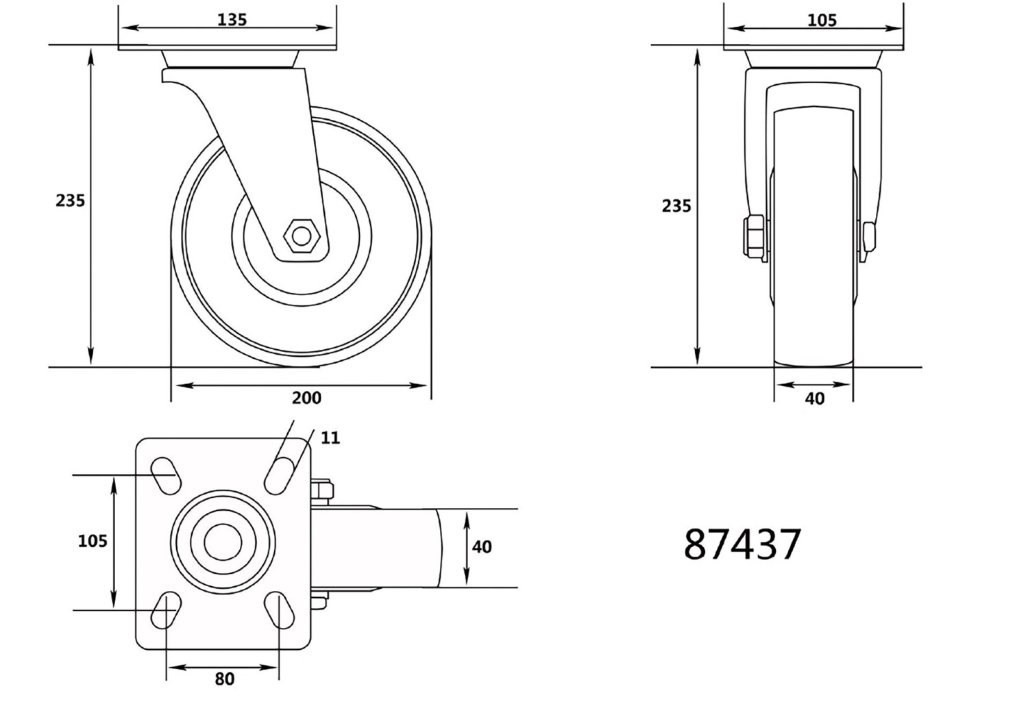 POLYAMIDE SWIVEL CASTER 200MM 87437 VOREL