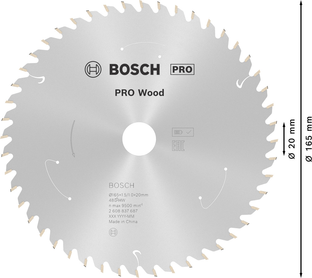 Standard for Wood 165x20x1.5/1.0x48T, Rokas ripzāģiem PRO WOOD CORDLESS RIPZĀĢA ASMENS, 2608837687, BOSCH