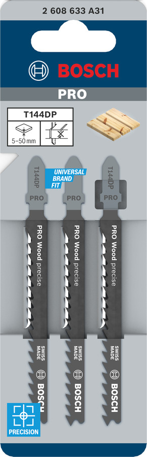 3 figūrzāģa asmeņi T 144 DP, Figūrzāģiem PRO WOOD PRECISE T144DP FIGŪRZĀĢA ASMENS, 2608633A31, BOSCH