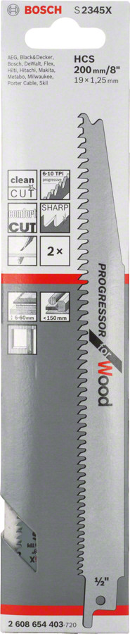 2 zobenzāģa asmeņi S 234 XF (Progressor), Zobenzāģiem ZOBENZĀĢA ASMENS S 2345 X PROGRESSOR FOR WOOD, 2608654403, BOSCH