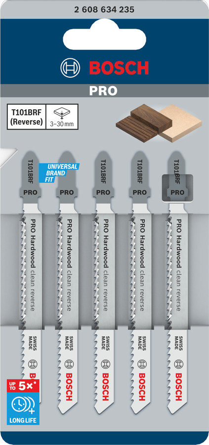 5 figūrzāģa asmeņi T 101 BRF, Figūrzāģiem PRO HARDWOOD CLEAN REVERSE T101BRF FIGŪRZĀĢA ASMENS, 2608634235, BOSCH