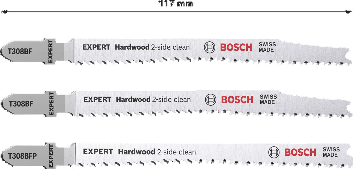 3  figūrzāģa asmeņi 2x T308BF, 1x T308BFP, Figūrzāģiem EXPERT HARDWOOD 2-SIDE CLEAN FIGŪRZĀĢA ASMEŅU KOMPLEKTS, 2608900549, BOSCH