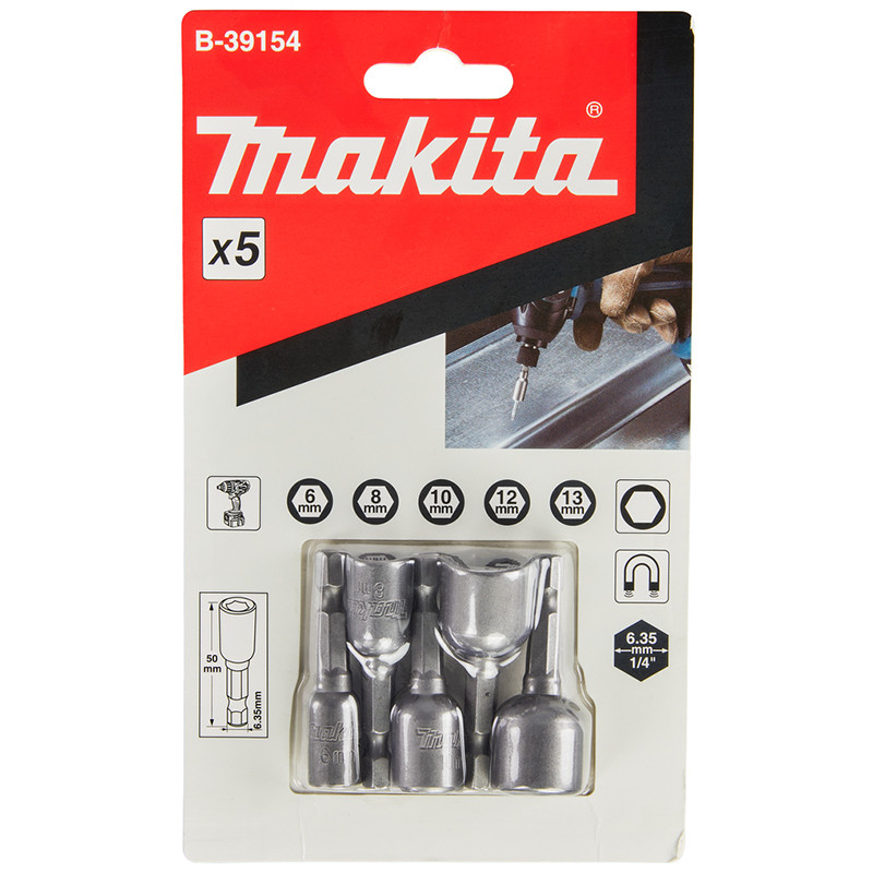 Antgaliai 6, 8, 10, 12, 13mm, 50mm 1/4" 5 vnt. B-39154 MAKITA