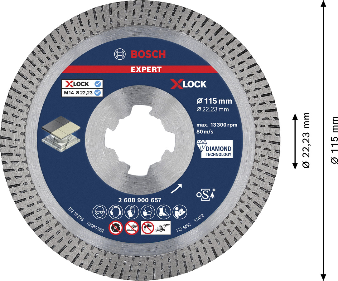 X-LOCK dimanta disks Hard Ceramic 115x22,23, Mazām leņķa slīpmašīnām EXPERT HARD CERAMIC DIMANTA GRIEZĒJDISKS, 2608900657, BOSCH