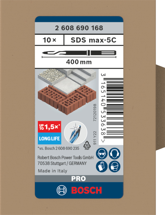 SDS- max smailais kalts R-Tec 400mm, 10gb., Perforatora urbjiem, smalcinātājiem PRO SDS MAX-5C SMAILO KALTU KOMPLEKTS, 2608690168, BOSCH