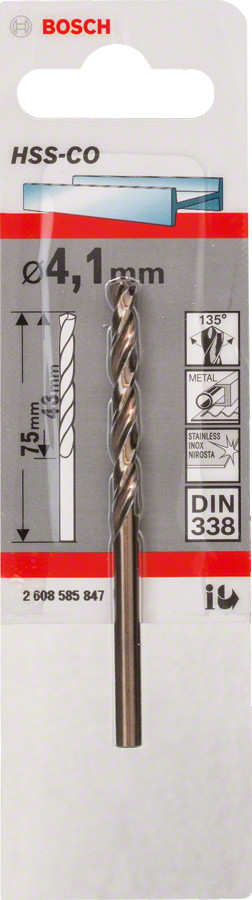 HSS-Co urbis metālam 4,1mm, 1 gab., Urbjmašīnām/skrūvgriežiem KOBALTA HSS SPIRĀLVEIDA URBIS, 2608585847, BOSCH