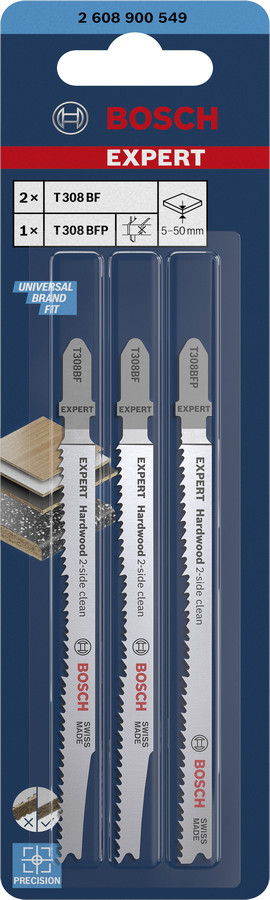 3  figūrzāģa asmeņi 2x T308BF, 1x T308BFP, Figūrzāģiem EXPERT HARDWOOD 2-SIDE CLEAN FIGŪRZĀĢA ASMEŅU KOMPLEKTS, 2608900549, BOSCH