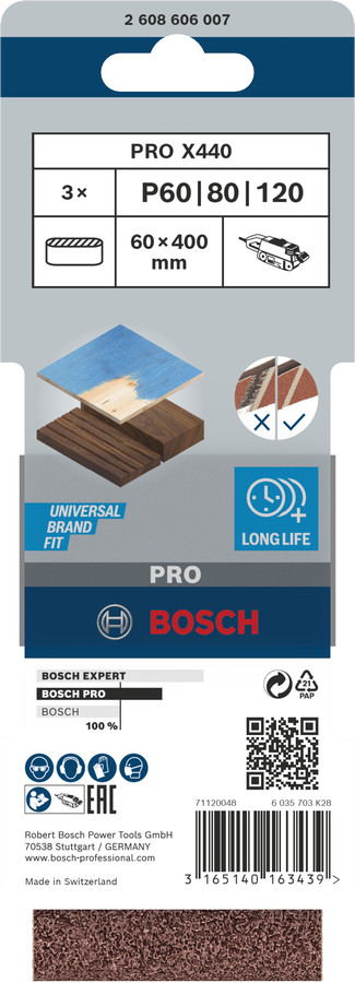 Slīplente kokam 60x400,K60/80/100, 3 gab., Lentes slīpmašīnām PRO X440 SLĪPLENTA, 2608606007, BOSCH