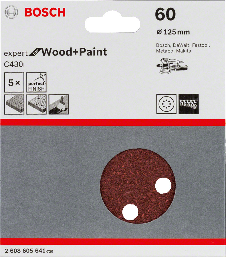 Slīppapīrs,kokam,PEX D=125mm,K60,5 gab., Ekscentra slīpmašīnām, ekscentra slīpmašīnām ar putekļu maisu C430 EXPERT FOR WOOD AND PAINT, 2608605641 BOSCH