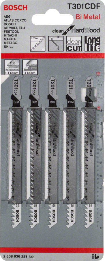 5 figūrzāģa asmeņi T 301 CDF Bimet., Figūrzāģiem PRO HARDWOOD CLEAN T301CDF FIGŪRZĀĢA ASMENS, 2608636229, BOSCH