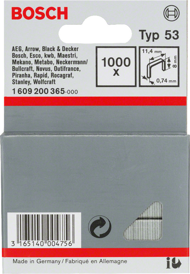 Skavas 53 tips 11,4x8 mm, 1000 gab., Bezvadu/pneimatiskajiem skavotājiem, rokas skavotājiem SMALKSTIEPLES SKAVA, TYPE 53, 1609200365, BOSCH