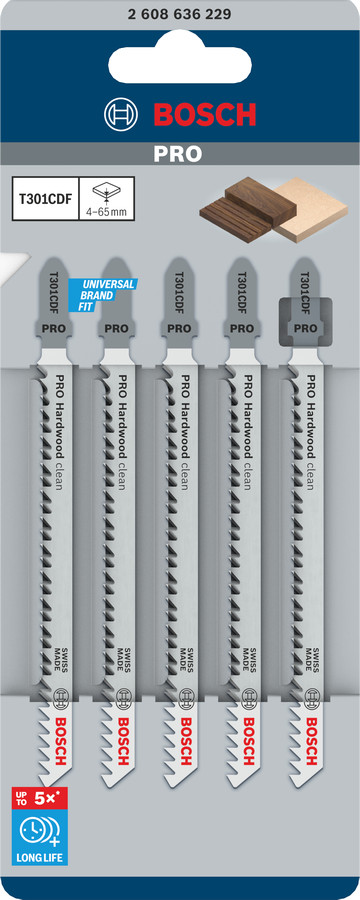 5 figūrzāģa asmeņi T 301 CDF Bimet., Figūrzāģiem PRO HARDWOOD CLEAN T301CDF FIGŪRZĀĢA ASMENS, 2608636229, BOSCH