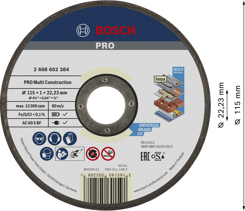 Griešanas disks Rapido Multi Constr 115, 1,0 mm, Mazām leņķa slīpmašīnām PRO MULTI CONSTRUCTION GRIEZĒJDISKS, 2608602384, BOSCH