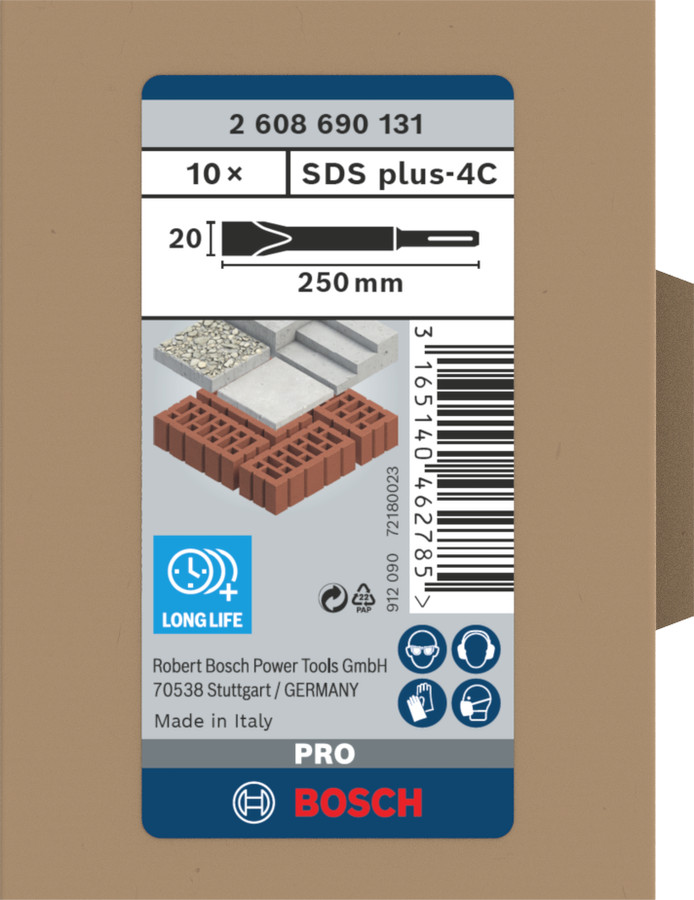 SDS plus plakanais kalts 250x20, Eco, 10 gab., Perforatora urbjiem, smalcinātājiem PRO SDS PLUS-4C PLAKANO KALTU KOMPLEKTS, 2608690131, BOSCH