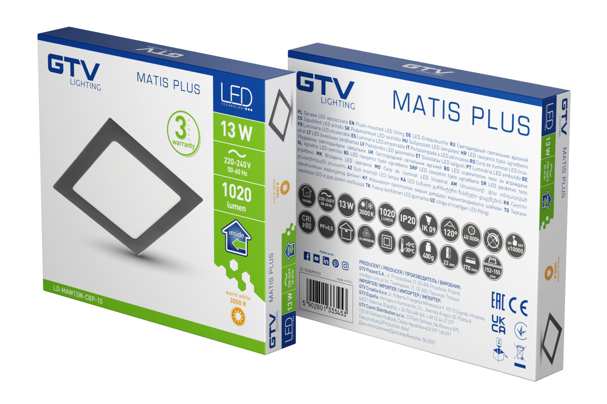 Įleidžiamas LED lubų skydelis MATIS PLUS, juodas, 13W, 1020lm, 3000K, 120°, IP20 LD-MAW13W-CBP-10 GTV