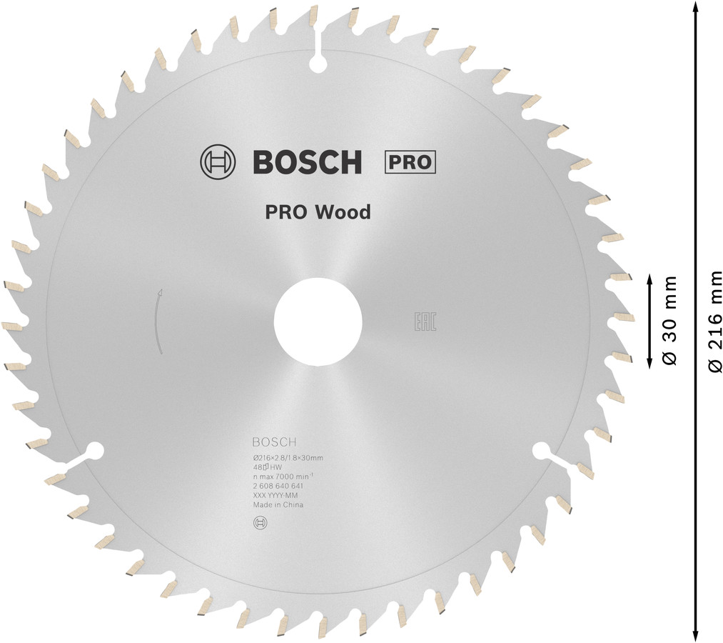 Ripzāģa disks  216x30 mm Optiline Wood, Paneļzāģiem PRO WOOD RIPZĀĢA ASMENS, 2608640641, BOSCH