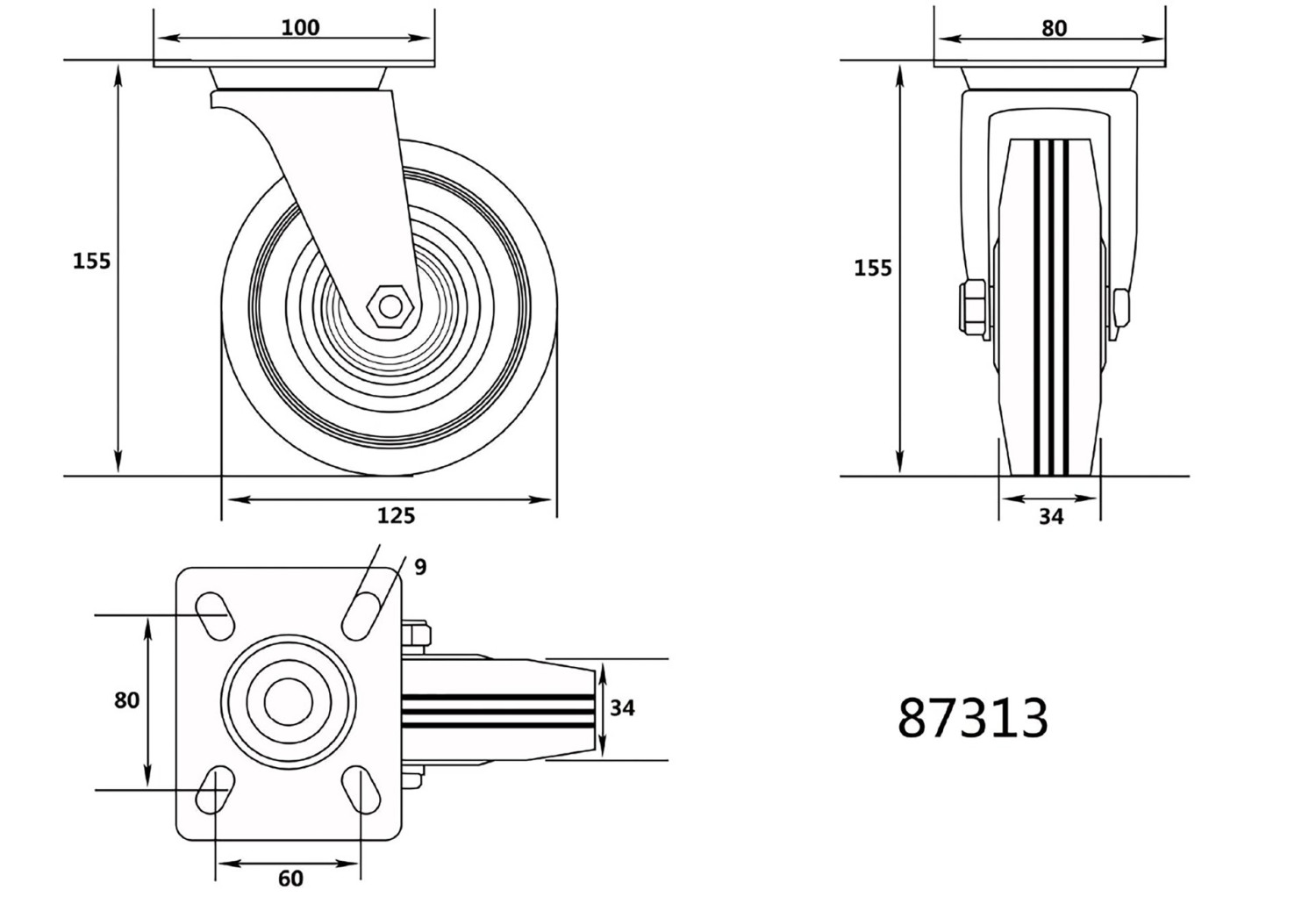 SWIVEL CASTER W. BLACK RUBBER 125MM 87313 VOREL