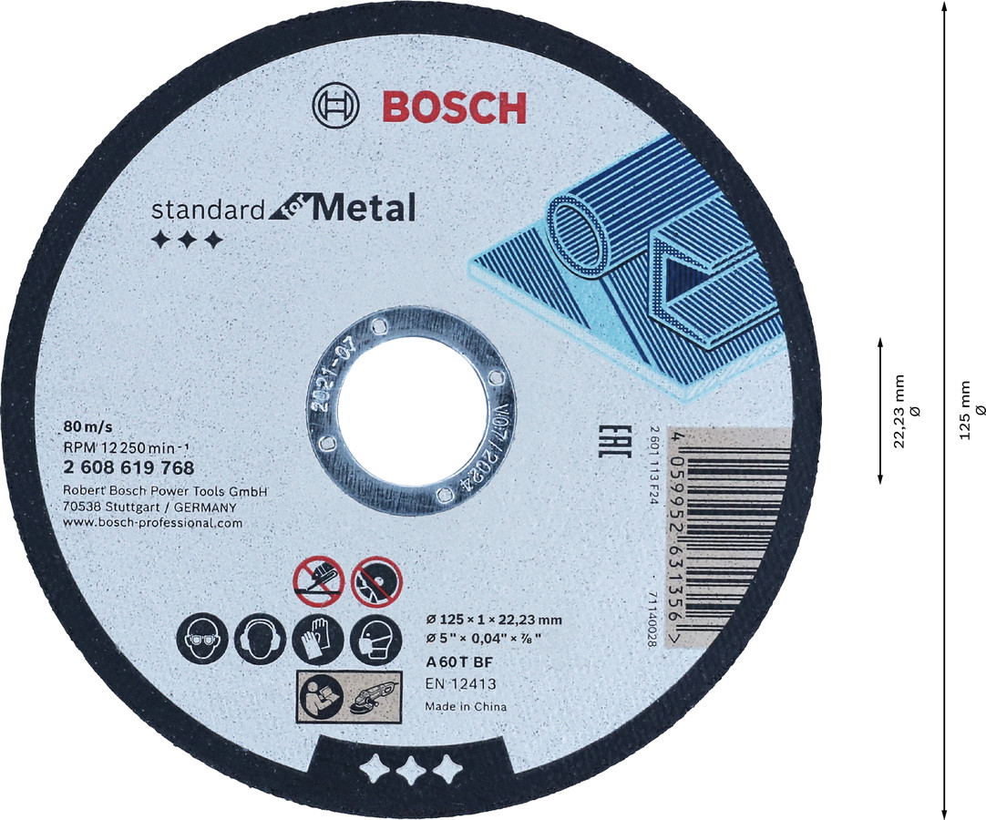 Metāla griešanas disks, 125 mm, 22.23 mm urbums, 1.0 mm biezums, 2608619768, BOSCH