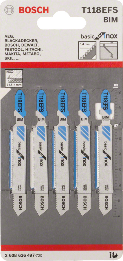 5 figūrzāģa asmeņi T 118 EFS Basic for Inox, Figūrzāģiem PRO STAINLESS STEEL T118EFS FIGŪRZĀĢA ASMENS, 2608636497, BOSCH