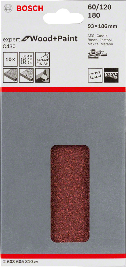 Slīppapīrs,kokam,perf. 10gab, 93x186mm kompl, Orbitālajām slīpmašīnām C430 EXPERT FOR WOOD AND PAINT, 2608605310, BOSCH