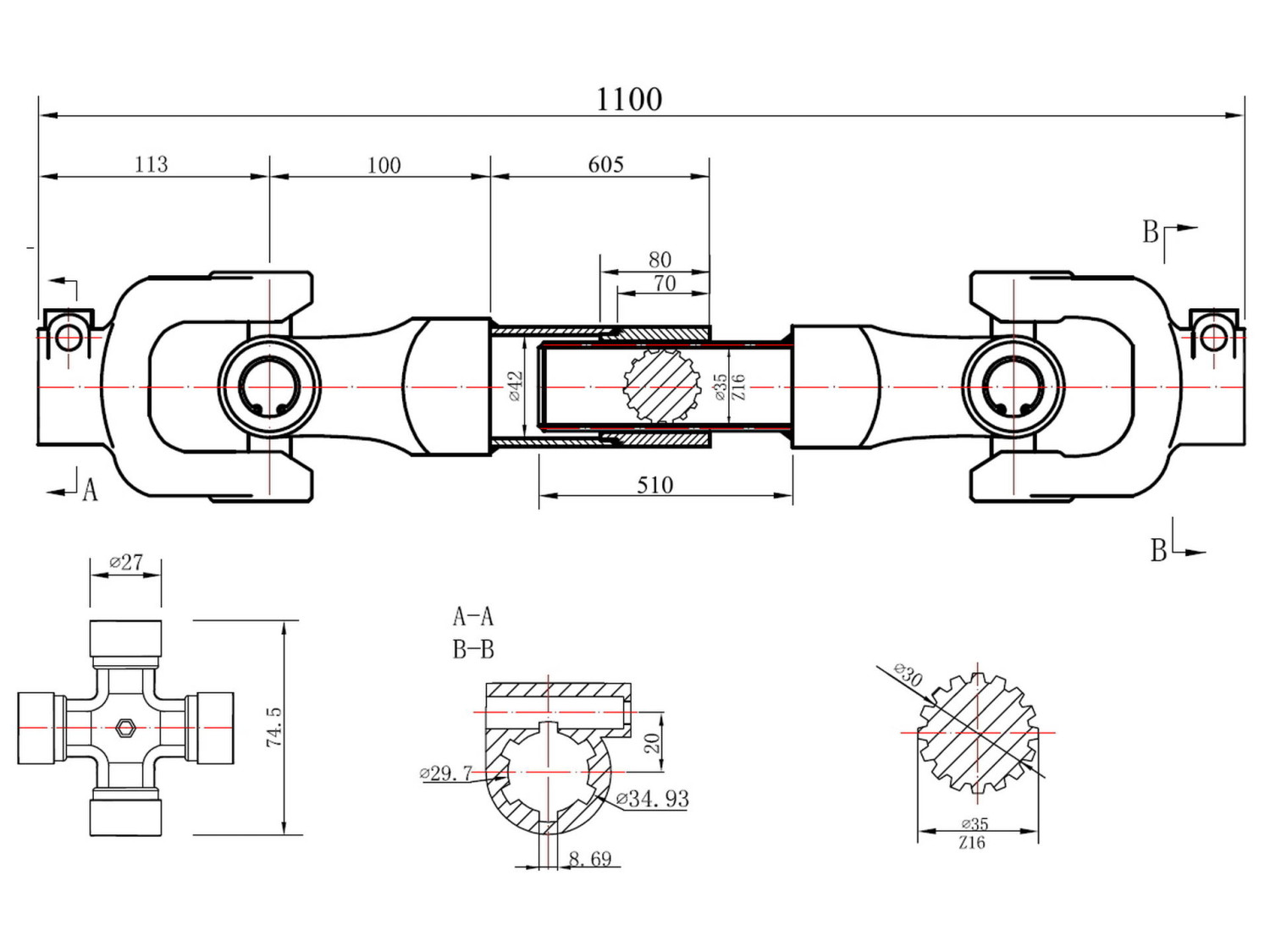 PTO vārpsta, invollute caurule 1100mm, ātra montāža, G72315, GEKO