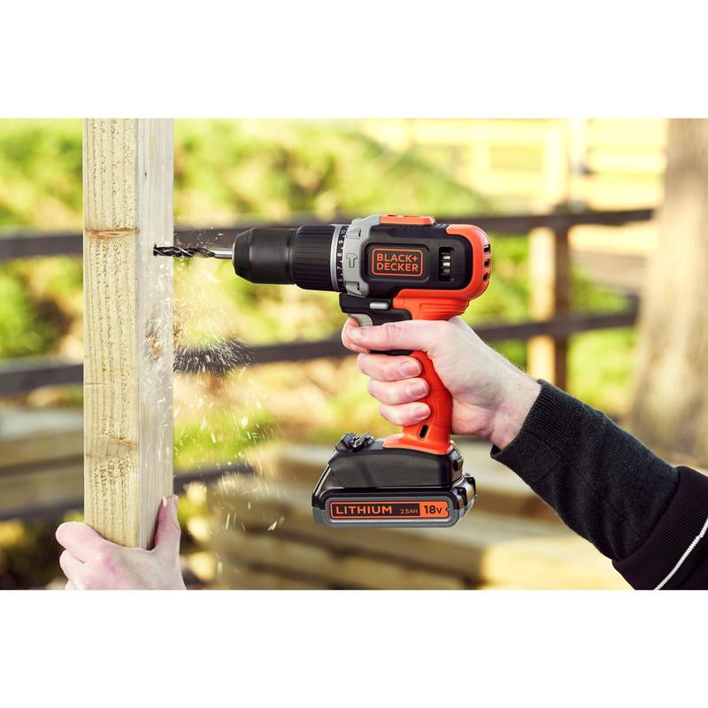 18V 2 Gear Hammer Drill, single sleeve metal chuck, 2x 2.5Ah Battery, 1A Charger, Kitbox BCD003MEM2K-QW BLACK DECKER