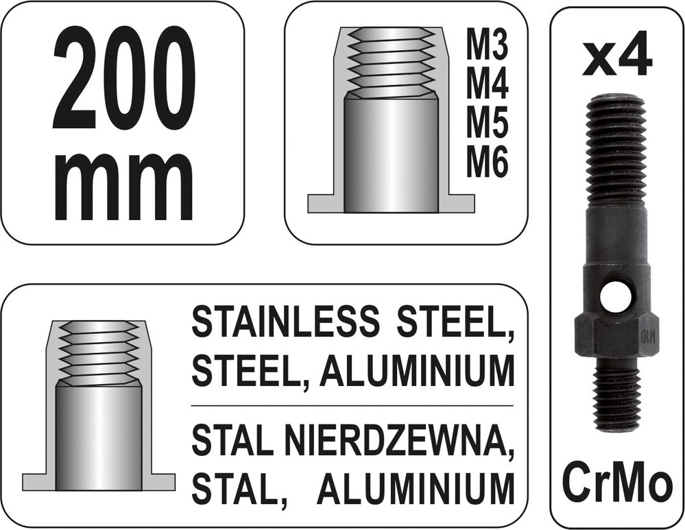 Kniediklis Srieginėms Kniedėms M3-M6 200Mm YT-36140 YATO