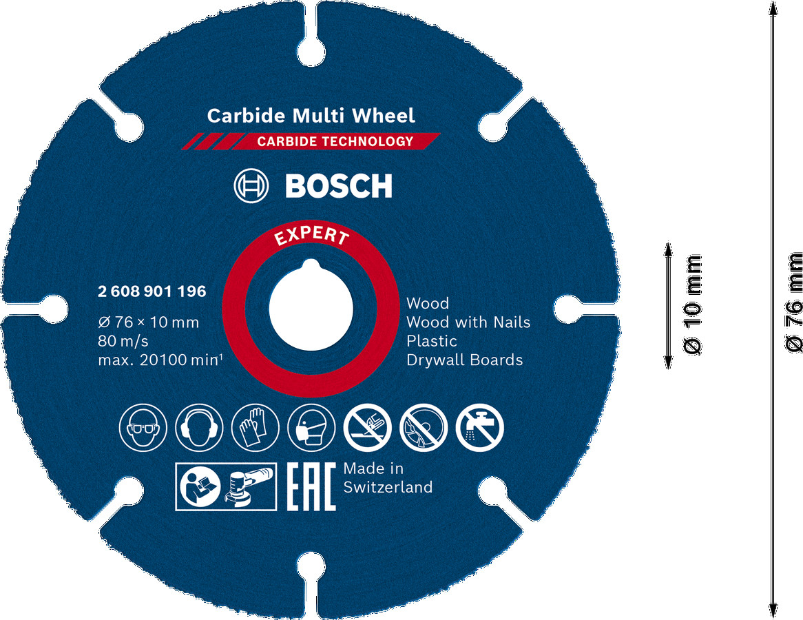 Cietmetāla disks GWS 12V-76, 76x10x1 mm, Mazām leņķa slīpmašīnām EXPERT CARBIDE MULTI WHEEL GRIEZĒJDISKS, 2608901196 BOSCH