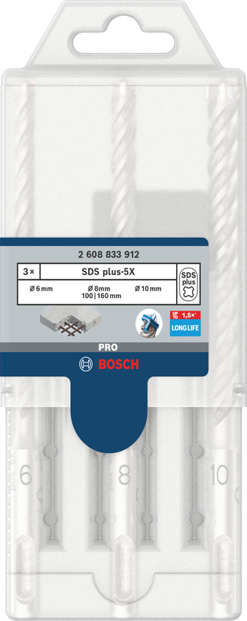 3 SDS plus-5X komplekts 6/8/10 mm, Perforatora urbjiem, smalcinātājiem PRO SDS PLUS-5X PERFORATORU TRIECIENURBJU KOMPLEKTS, 2608833912, BOSCH