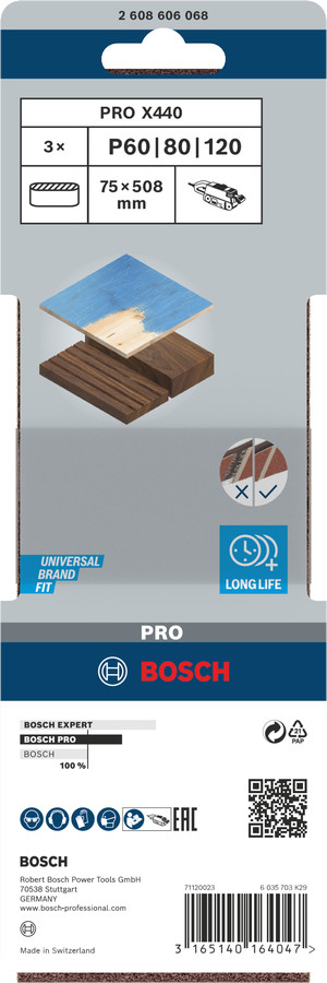 3 slīplentes Wood HPP 75x508mm G60 80 100, Lentes slīpmašīnām PRO X440 SLĪPLENTA, 2608606068 BOSCH