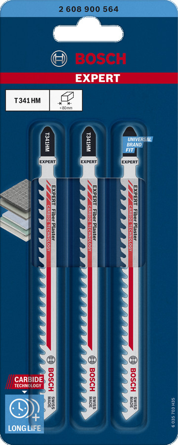 3  figūrzāģa asmeņi T341HM Fiber Plaster, Figūrzāģiem EXPERT FIBER PLASTER T341HM FIGŪRZĀĢA ASMENS, 2608900564, BOSCH