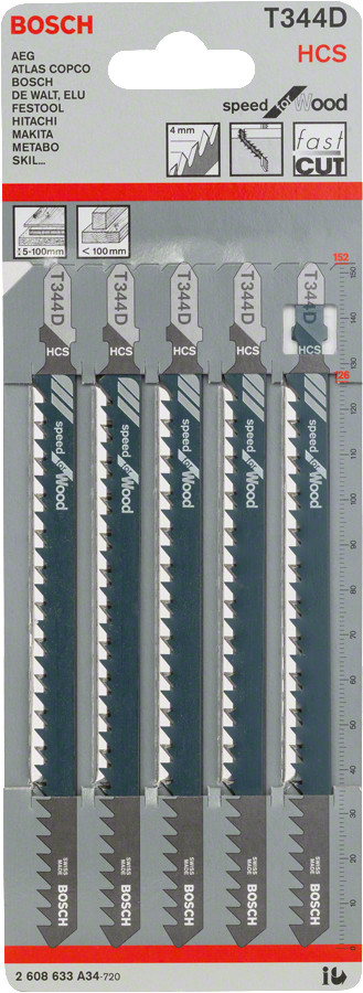 5 figūrzāģa asmeņi T 344 D, Figūrzāģiem FIGŪRZĀĢA ASMENS T 344 D SPEED FOR WOOD, 2608633A34, BOSCH