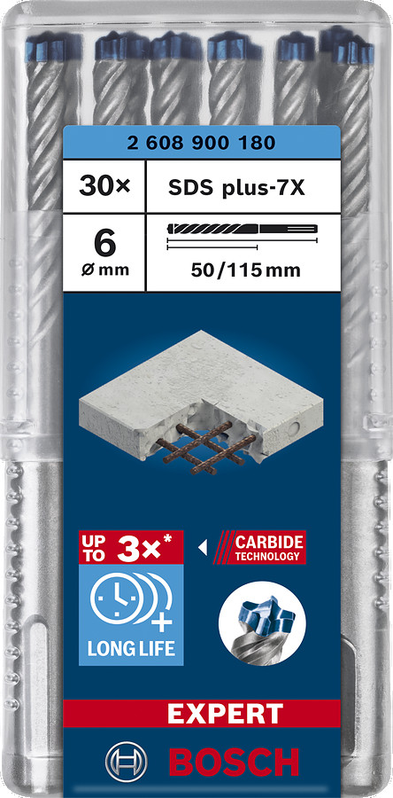 Triecienurbis SDS plus-7X 6x50x115mm, 30 gab., Perforatora urbjiem EXPERT SDS PLUS-7X TRIECIENURBIS PERFORATORIEM, 2608900180, BOSCH