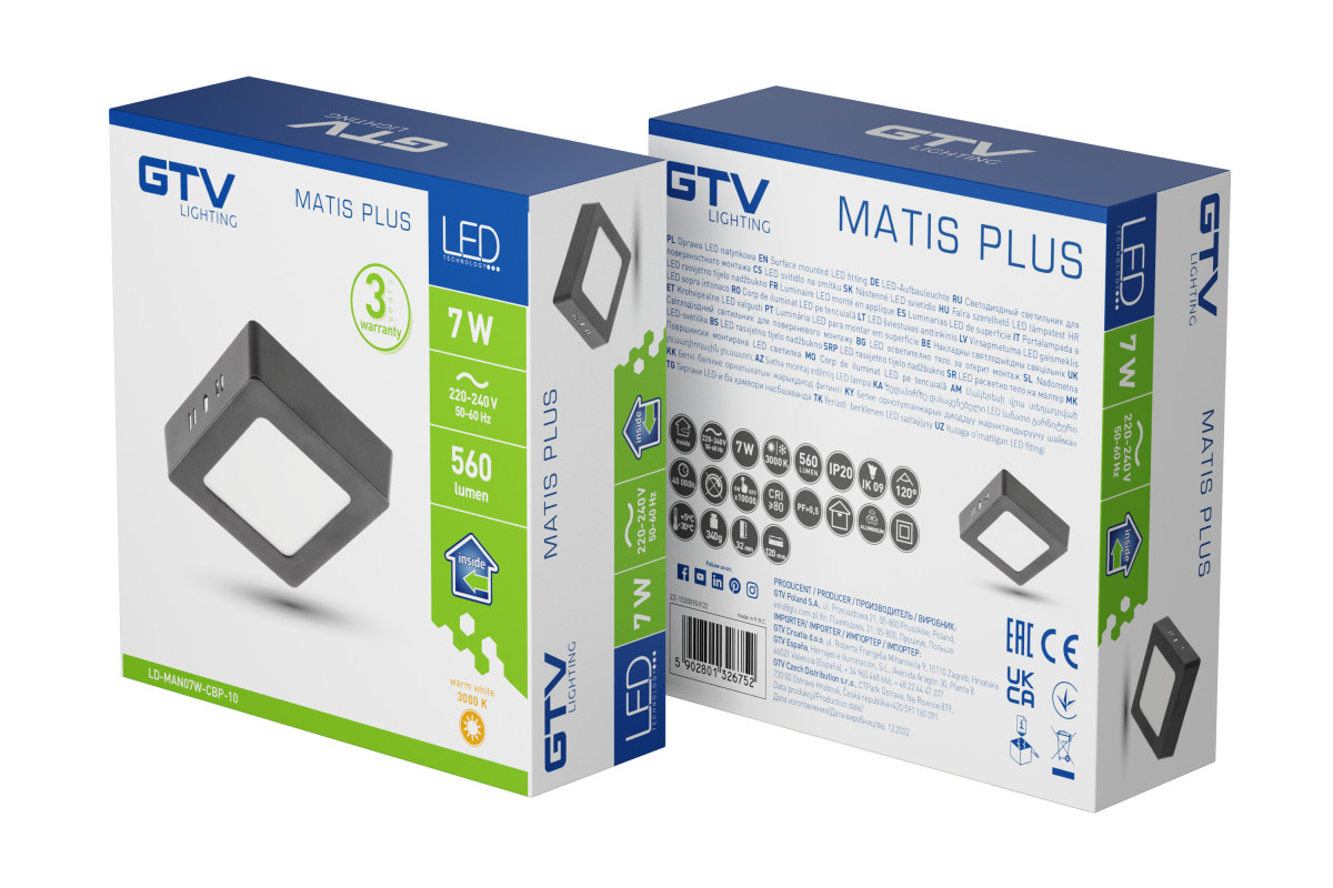 Virsapmetuma LED Griestu Panelis MATIS PLUS, melns 7W, 560lm, 3000K, IP20, 120° LD-MAN07W-CBP-10 GTV