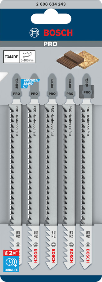 5 figūrzāģa asmeņi T 344 DF, Figūrzāģiem PRO HARDWOOD FAST T344DF FIGŪRZĀĢA ASMENS, 2608634243, BOSCH