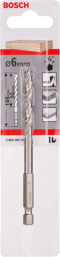 Urbis kokam, 6-kanta kāts Ø 6 mm, 105.5 mm, Urbjmašīnām/skrūvgriežiem, triecienurbjmašīnām/triecienskrūvgriežiem HSS SPIRĀLURBIS, 2608595522, BOSCH