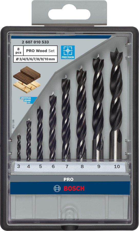 8 urbju komplekts kokam Robust Line 3/-/10mm, Urbjmašīnām/skrūvgriežiem PRO WOOD SPIRĀLURBJU KOMPLEKTS, 2607010533, BOSCH