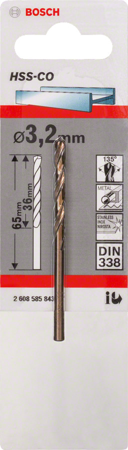 HSS-Co urbis metālam 3,2mm, 1 gab., Urbjmašīnām/skrūvgriežiem KOBALTA HSS SPIRĀLVEIDA URBIS, 2608585843, BOSCH