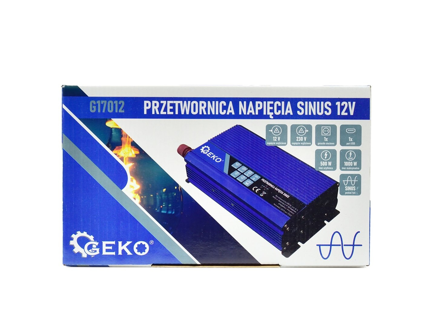 Sprieguma pārveidotājs, sinusoīda, 12V/230V, 500/1000W, G17012 GEKO