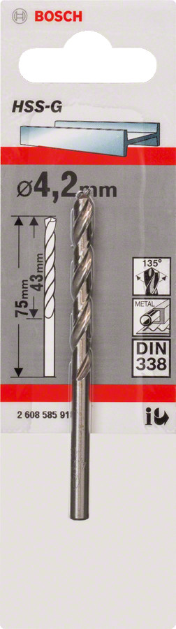 HSS-G urbji metālam 4,2mm, 1gab., Urbjmašīnām/skrūvgriežiem HSS SLĪPĒTS SPIRĀLVEIDA URBIS, 2608585918, BOSCH