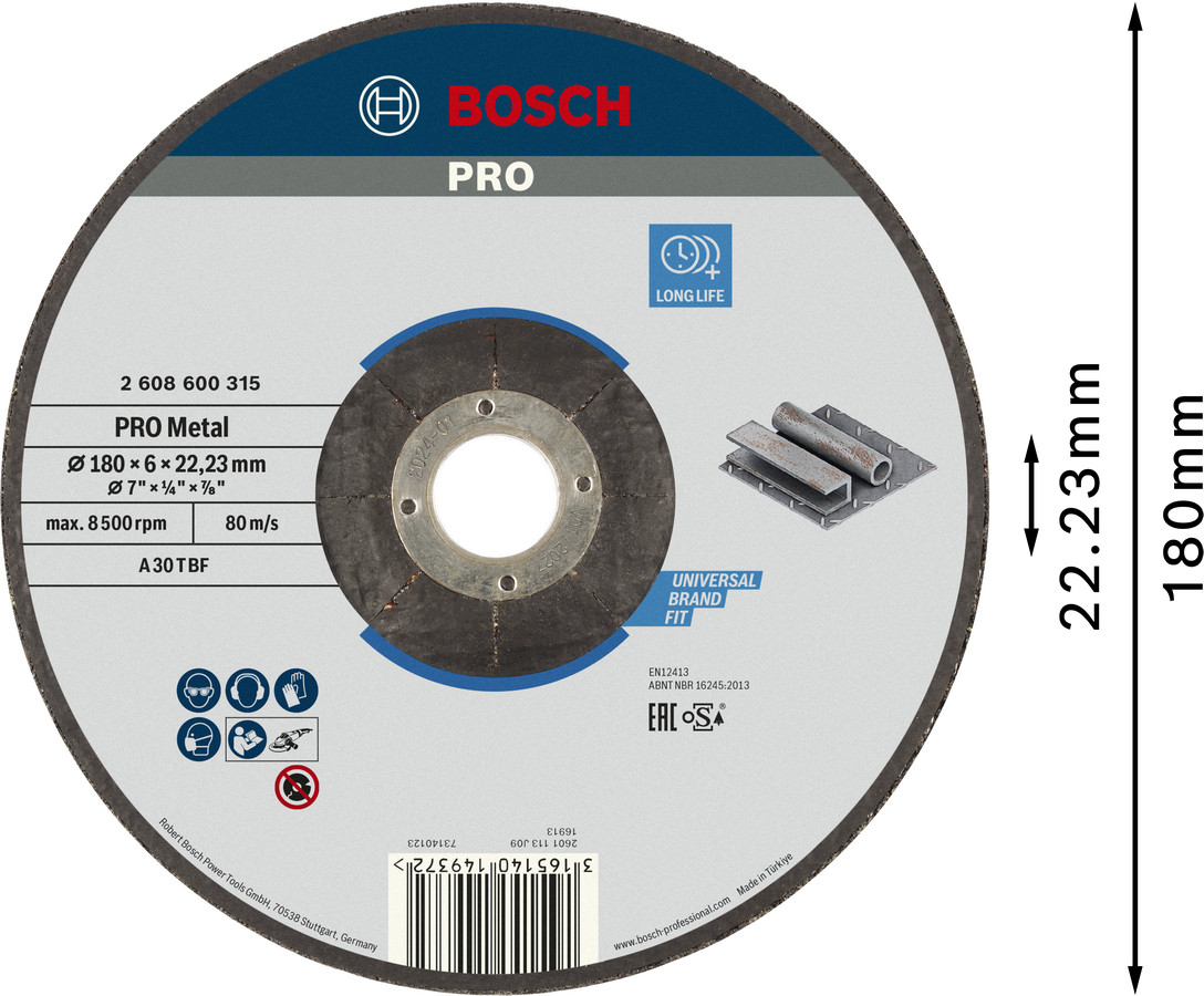 Slīpēšanas ripa 180X22X6 mm, metālam, Lielām leņķa slīpmašīnām ar fiksācijas uzgriezni PRO METAL SLĪPRIPA, 2608600315, BOSCH