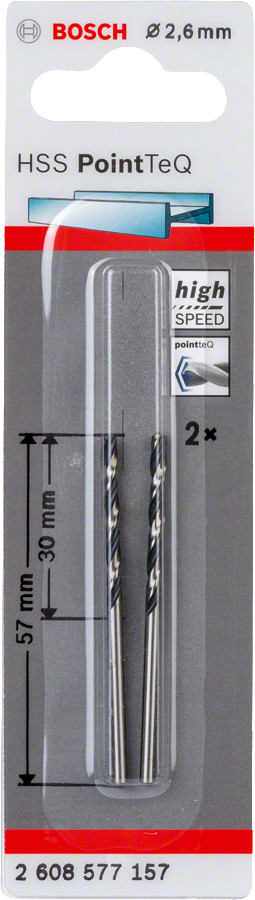 Urbis metālam PointTeQ 2,6 x 30 x 57 mm , 2 gab., Urbjmašīnām/skrūvgriežiem POINTTEQ HSS SPIRĀLVEIDA URBIS, 2608577157, BOSCH