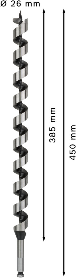 Spirālveida urbis kokam 26,0x450,0 mm,1 gab., Urbjmašīnām/skrūvgriežiem, triecienurbjmašīnām/triecienskrūvgriežiem PRO WOOD SPIRĀLURBIS, 2608597649, BOSCH