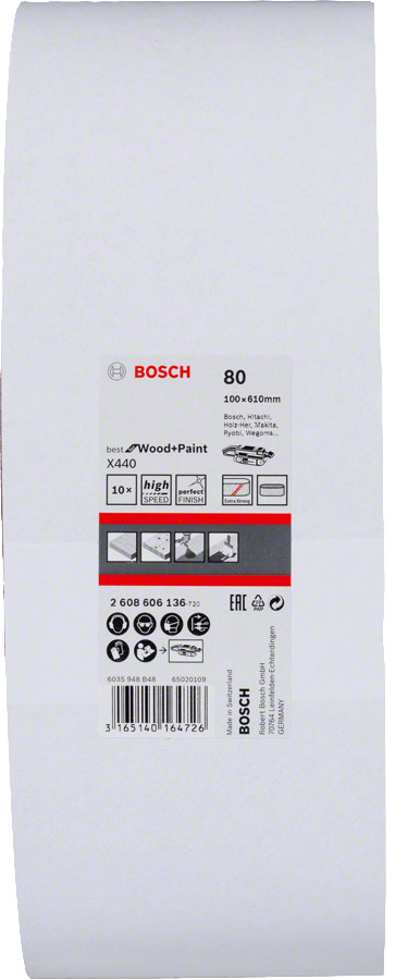 Slīplente kokam 100x610, K80, 10 gab., Lentes slīpmašīnām PRO X440 SLĪPLENTA, 2608606136, BOSCH