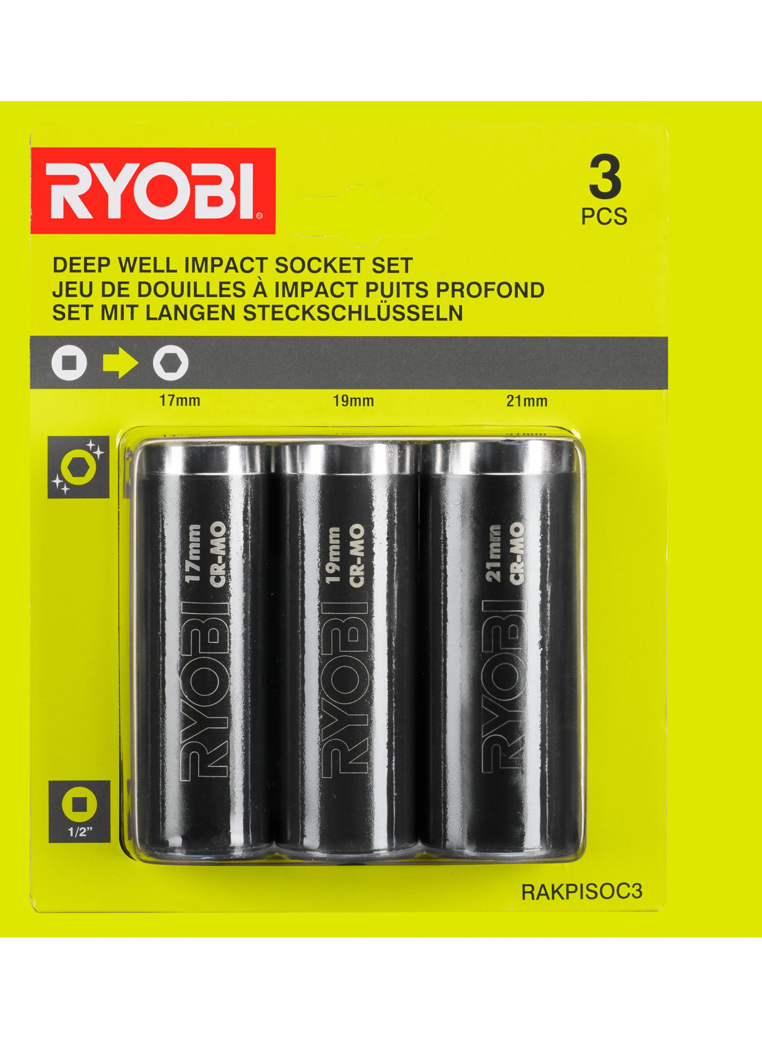 Deep well impact socket set 1/2 '' - 17, 19, 21mm (3pcs.) 5132004520 RYOBI