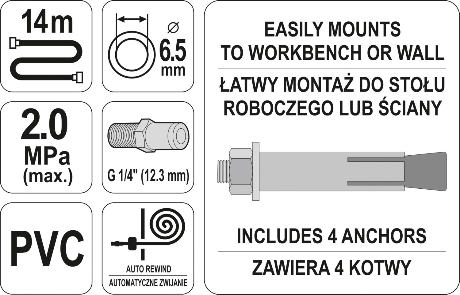 Pneimatiskā šļūtene ar spoli 1/4" 14m YT-24243 YATO